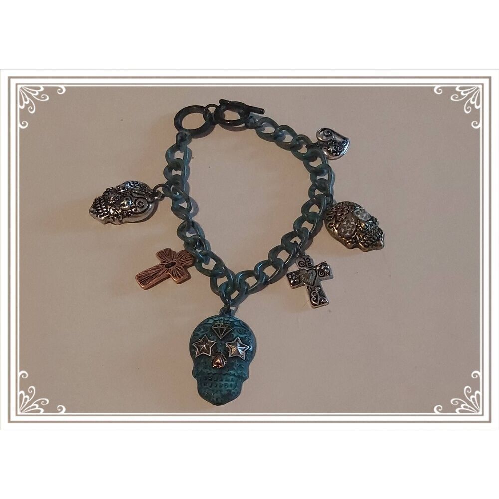 Super Cute & Trendy Patina Silver Sugar Skull~Cross~Heart Charm Bracelet